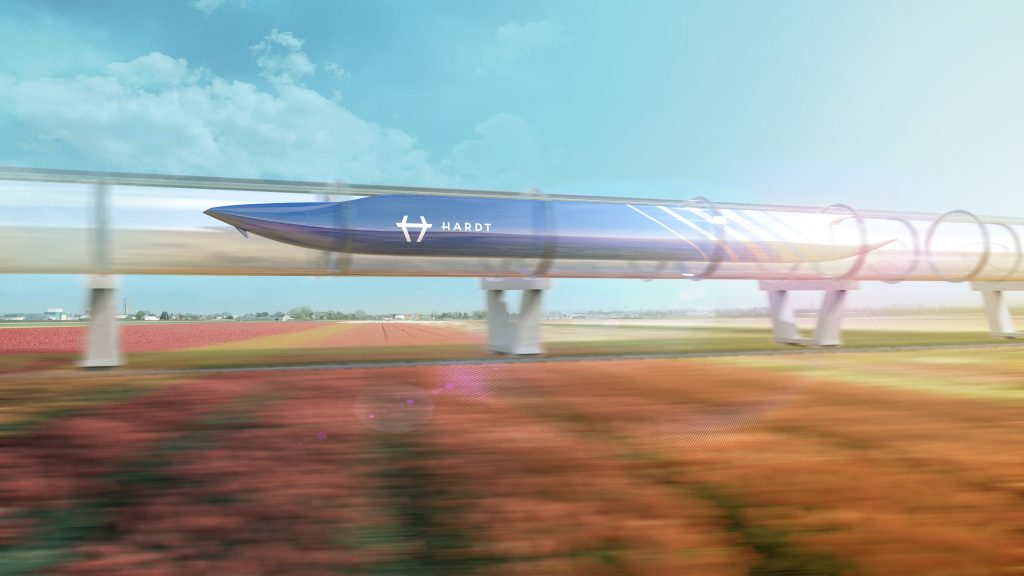 Een visualisatie van een hyperloop systeem, bron: Hardt Global Mobility