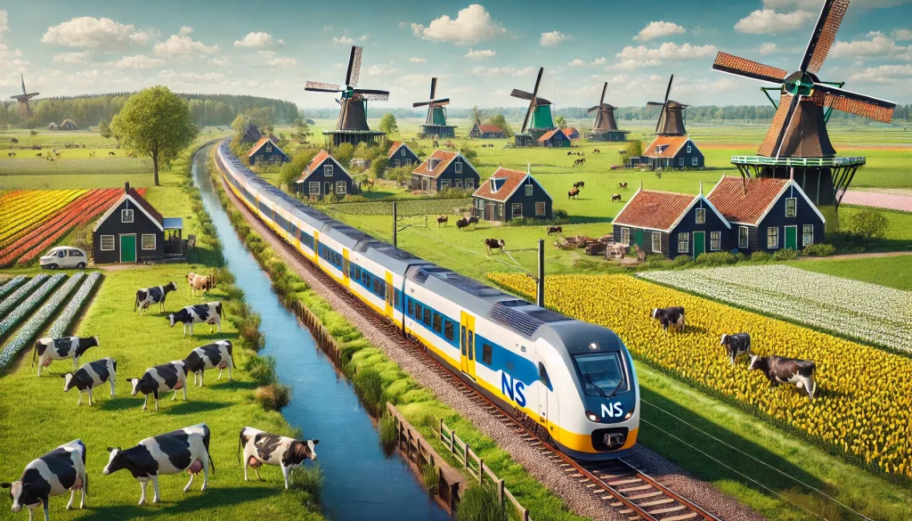 AI-foto van trein door Nederlands landschap