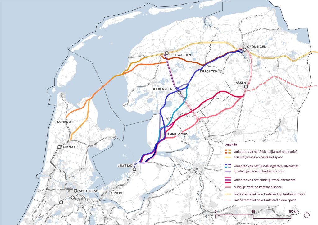 de verschillende tracés van de Lelylijn